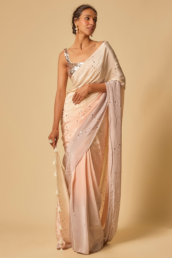 Beige & Lilac Ombre Natural Crepe Embroidered Pre-Stitched Wedding Saree Set by MASUMI MEWAWALLA at Pernia's Pop Up Shop