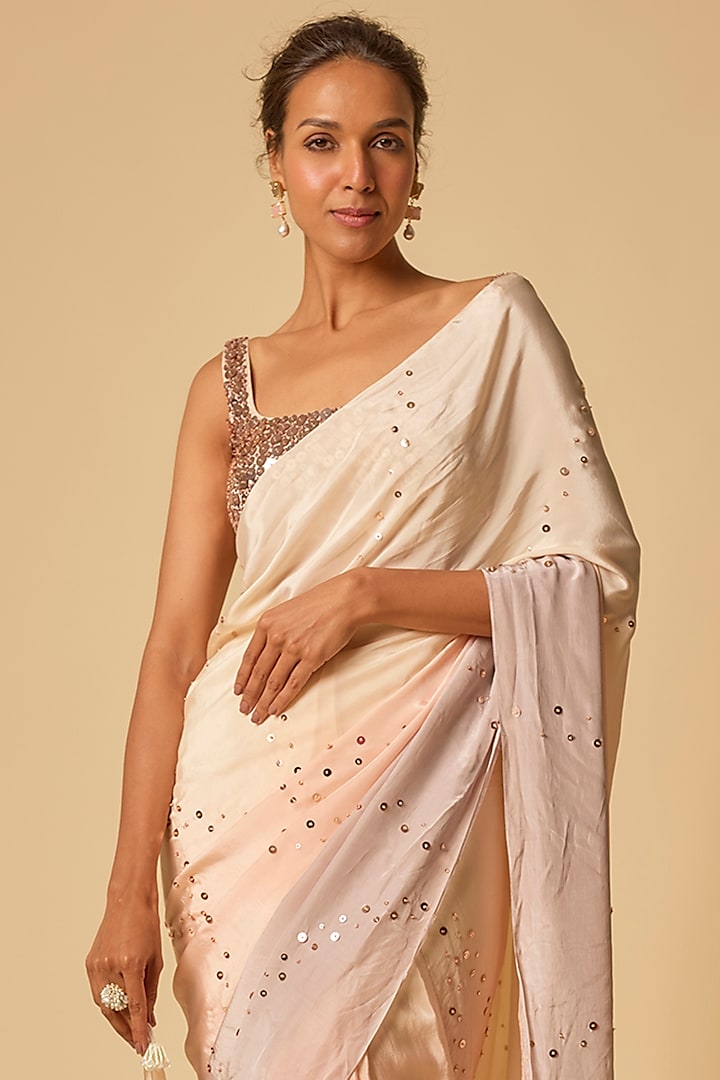 Beige & Lilac Ombre Natural Crepe Embroidered Pre-Stitched Wedding Saree Set by MASUMI MEWAWALLA at Pernia's Pop Up Shop