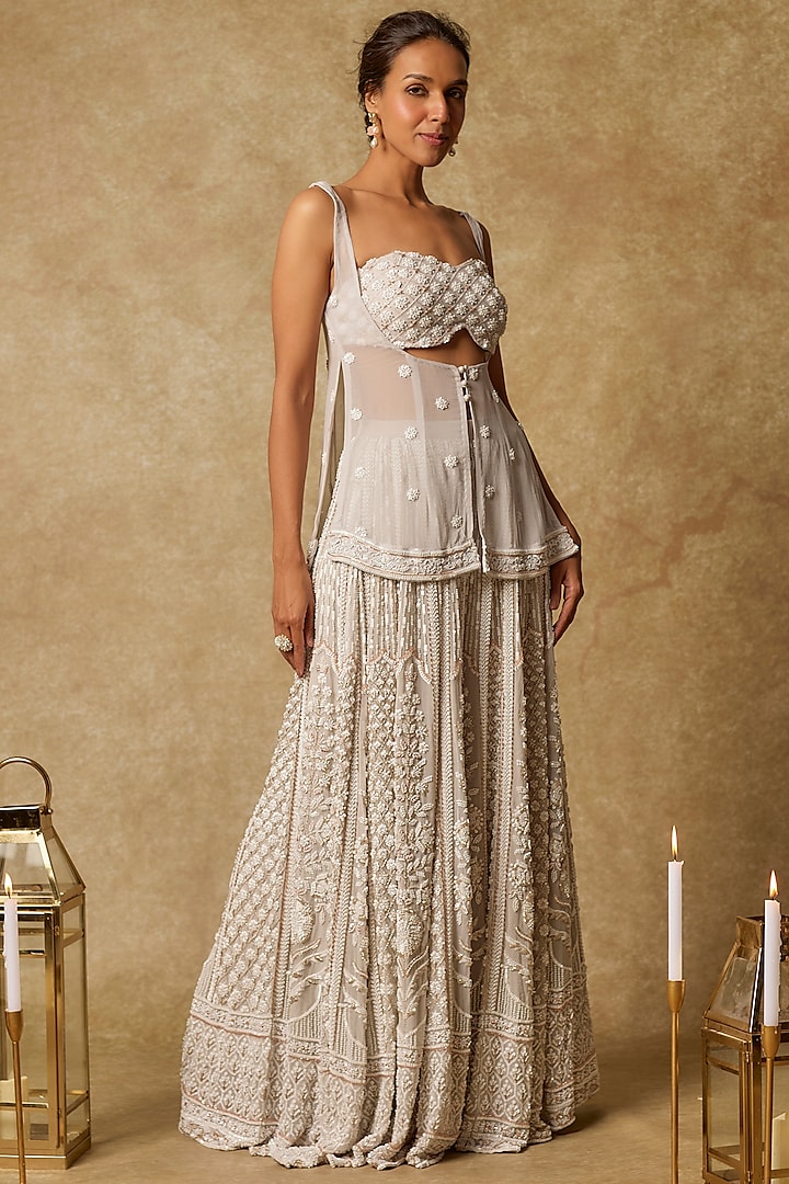 Grey Georgette Embroidered Gharara Set by MASUMI MEWAWALLA at Pernia's Pop Up Shop
