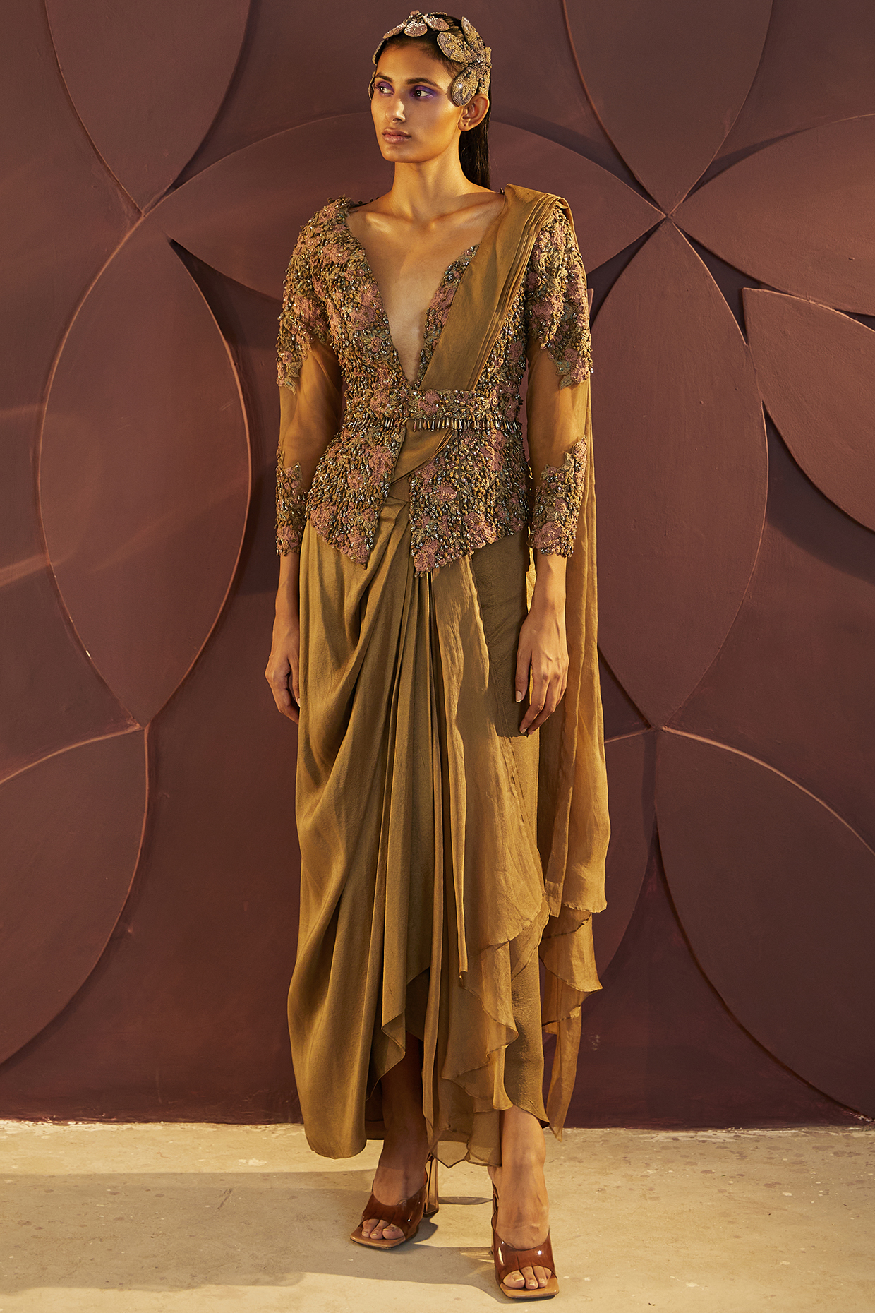 Gold Silk Organza Pre-Stitched Wedding Saree Set by Parul & Preyanka at Pernia's Pop Up Shop