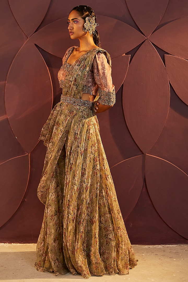 Mint Floral Printed Wedding Lehenga Set by Parul & Preyanka at Pernia's Pop Up Shop