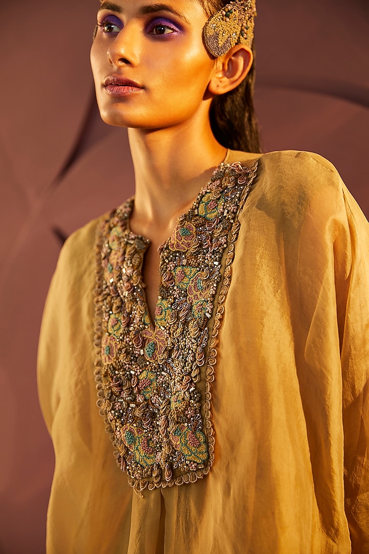 Olive Hand Embroidered Kaftan Set by Parul & Preyanka at Pernia's Pop Up Shop