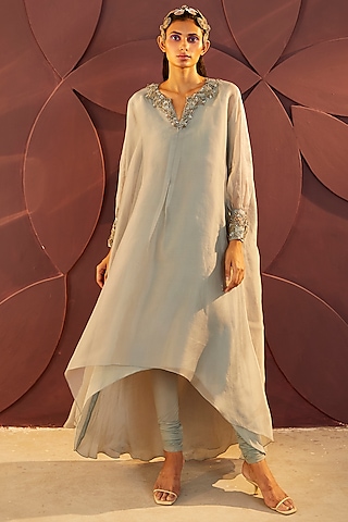 Powder Blue Hand Embroidered Kaftan Set by Parul & Preyanka