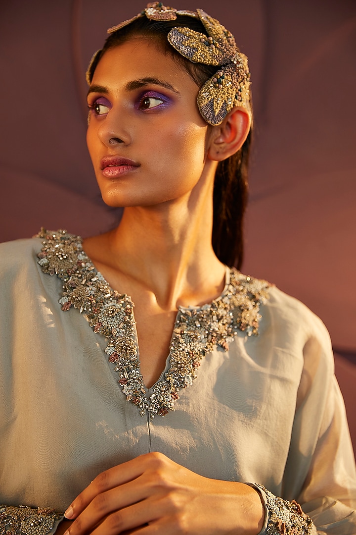 Powder Blue Hand Embroidered Kaftan Set by Parul & Preyanka at Pernia's Pop Up Shop