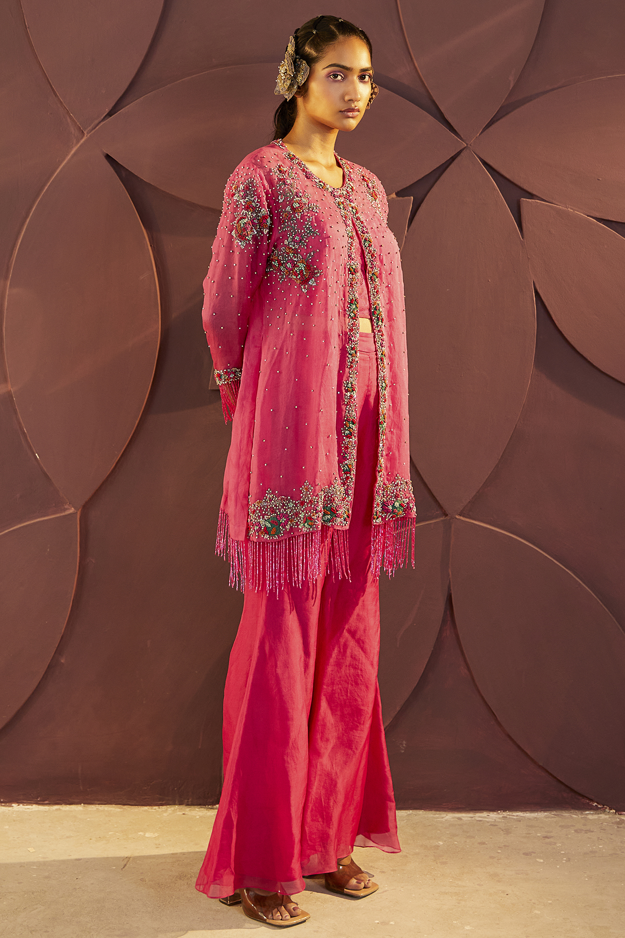 Fuchsia Silk Organza Pant Set by Parul & Preyanka