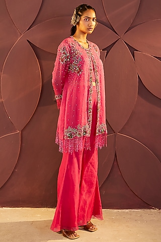 Fuchsia Silk Organza Pant Set by Parul & Preyanka