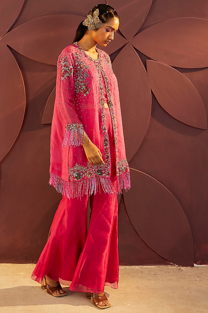 Fuchsia Silk Organza Pant Set by Parul & Preyanka at Pernia's Pop Up Shop