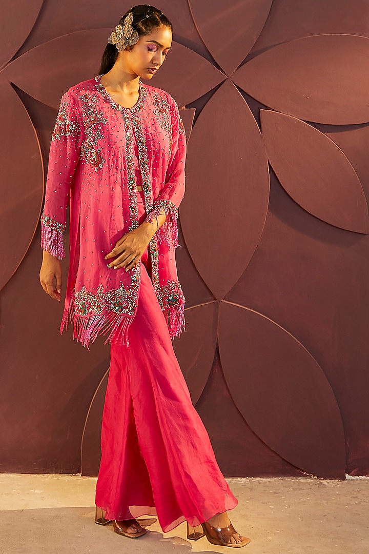 Fuchsia Silk Organza Pant Set by Parul & Preyanka at Pernia's Pop Up Shop