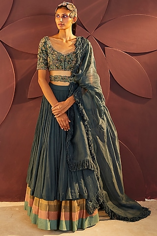 Teal Green Silk Chiffon Layered Lehenga Set by Parul & Preyanka