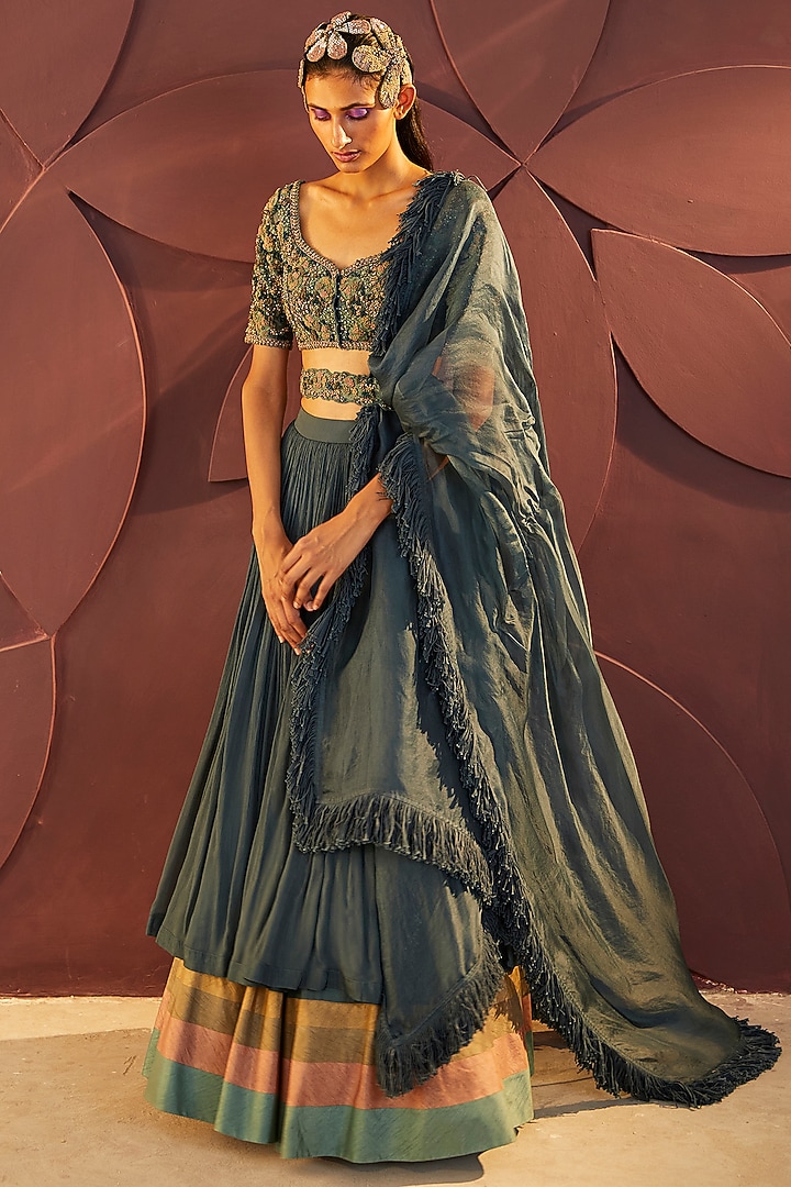 Teal Green Silk Chiffon Layered Wedding Lehenga Set by Parul & Preyanka at Pernia's Pop Up Shop