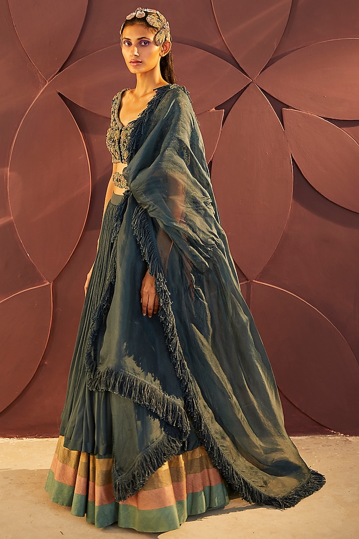 Teal Green Silk Chiffon Layered Wedding Lehenga Set by Parul & Preyanka at Pernia's Pop Up Shop