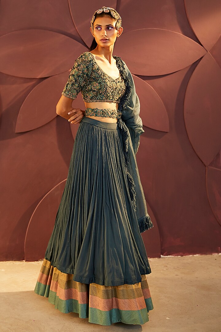 Teal Green Silk Chiffon Layered Wedding Lehenga Set by Parul & Preyanka at Pernia's Pop Up Shop