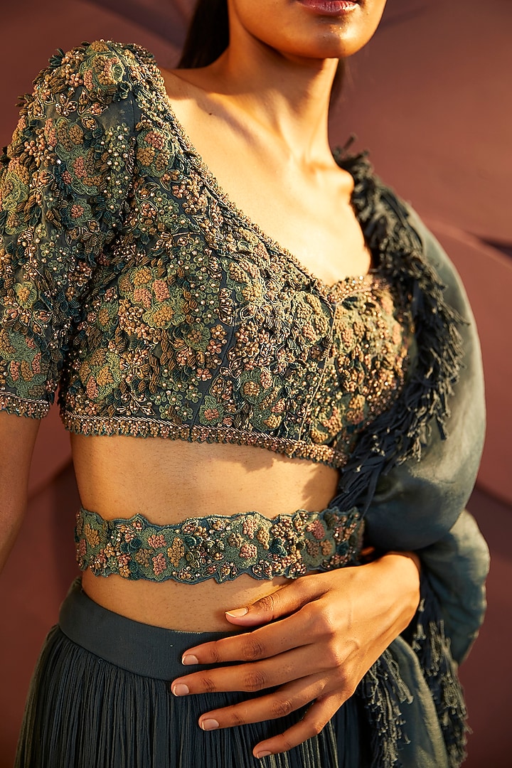 Teal Green Silk Chiffon Layered Wedding Lehenga Set by Parul & Preyanka at Pernia's Pop Up Shop