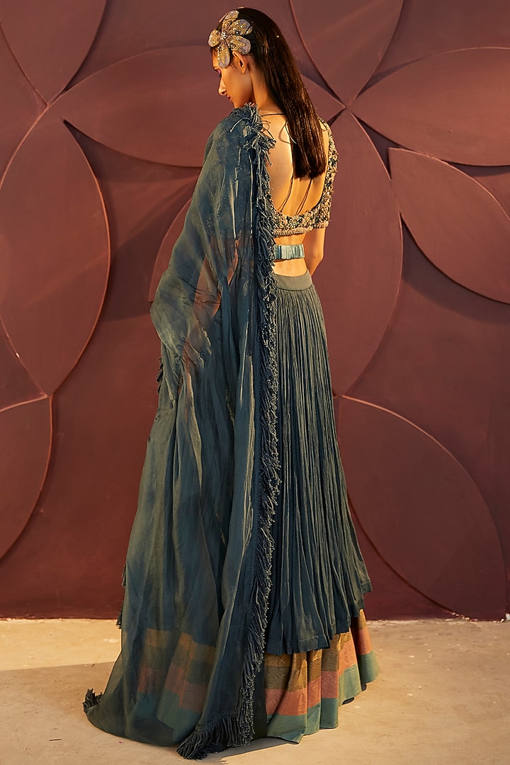 Teal Green Silk Chiffon Layered Wedding Lehenga Set by Parul & Preyanka at Pernia's Pop Up Shop