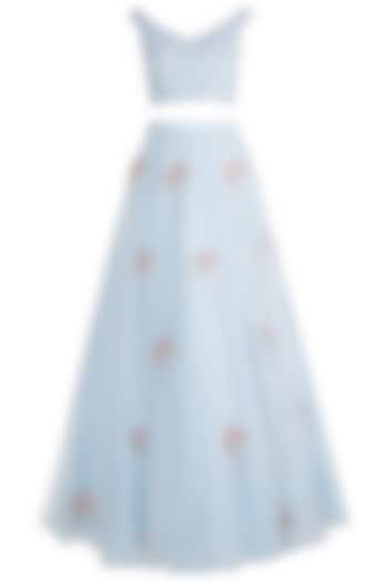 Powder Blue Crop Top With Embroidered Lehenga Skirt by MASUMI MEWAWALLA