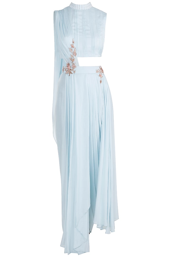 Powder Blue Embroidered Crop top With Dhoti Pants by MASUMI MEWAWALLA
