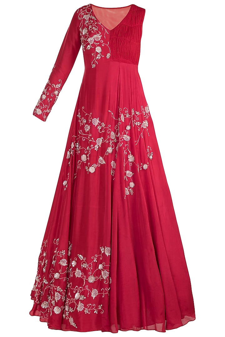 Red Embroidered Jacket Style Anarkali Gown by MASUMI MEWAWALLA
