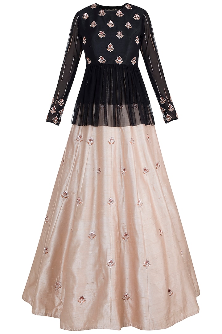 Black Embroidered Peplum Top WIth Golden Lehenga Skirt Design by Pink ...
