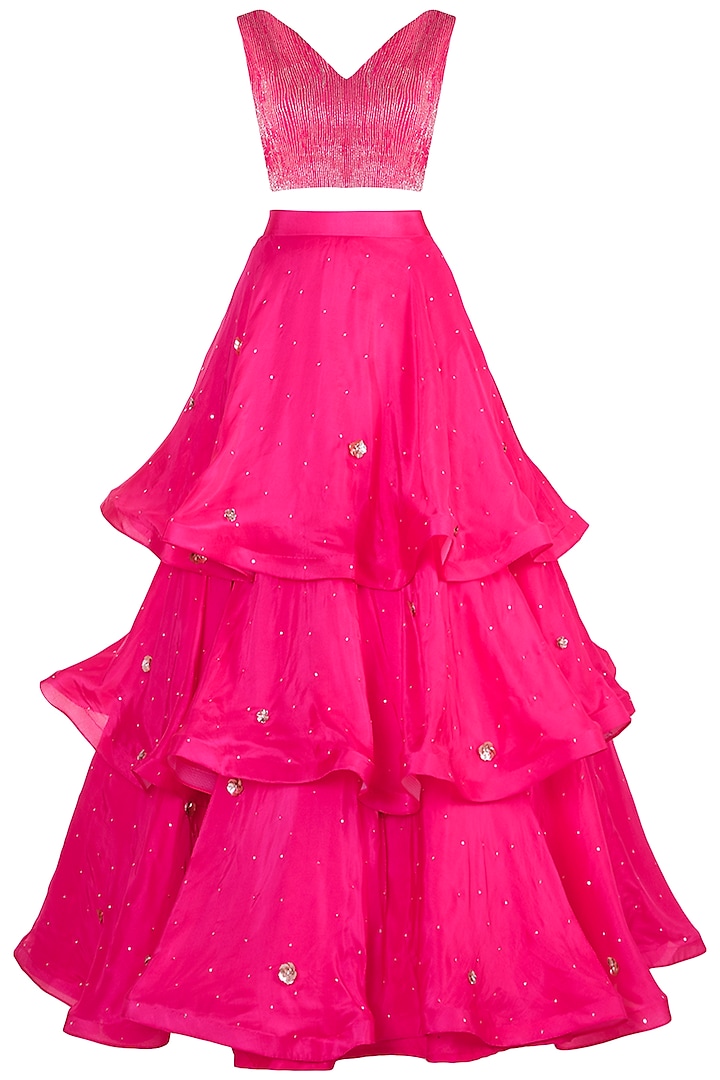 Hot Pink Embroidered Crop Top & Layered Lehenga Skirt by MASUMI MEWAWALLA