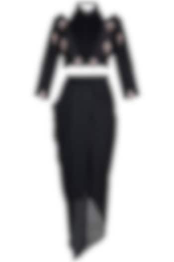 Black Embroidered Ruched Crop Top With Dhoti Pants by MASUMI MEWAWALLA