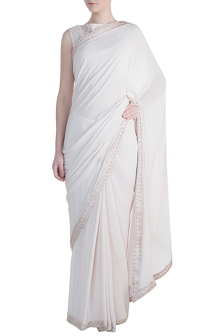 Nude Crepe & Silk Zig-Zag Embroidered Saree Set by MASUMI MEWAWALLA