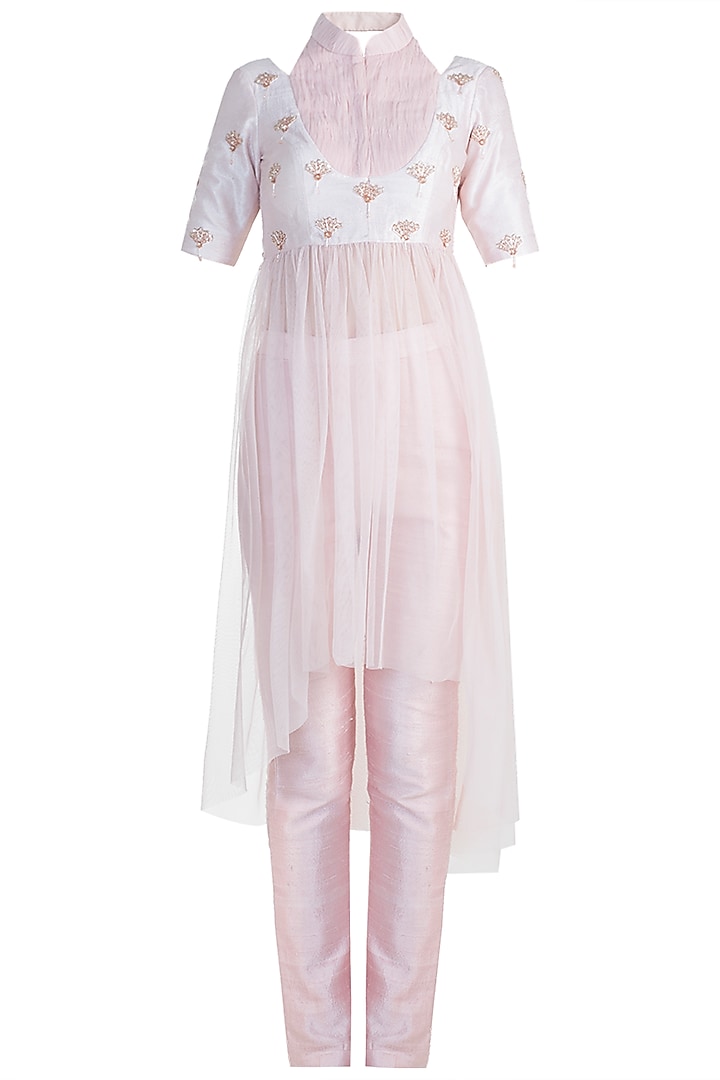 Peach Pink Embroidered Crop Top With Pants by MASUMI MEWAWALLA