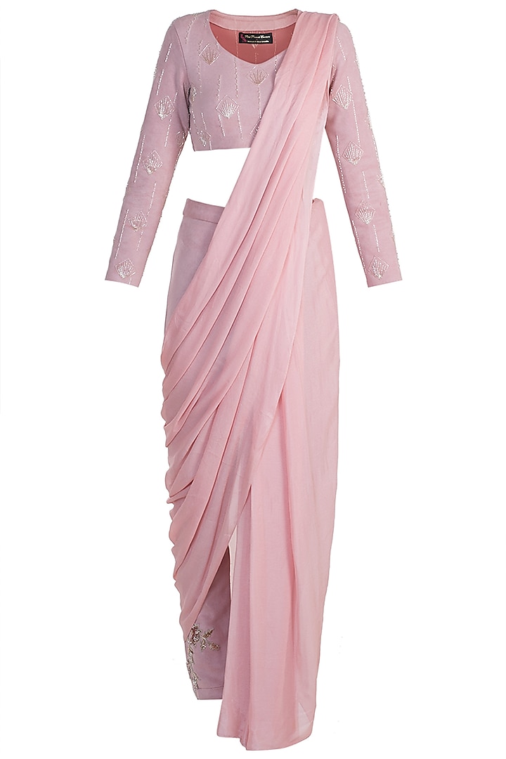 Pink Suede & Crepe Diamond Embroidered Pant Saree Set by MASUMI MEWAWALLA