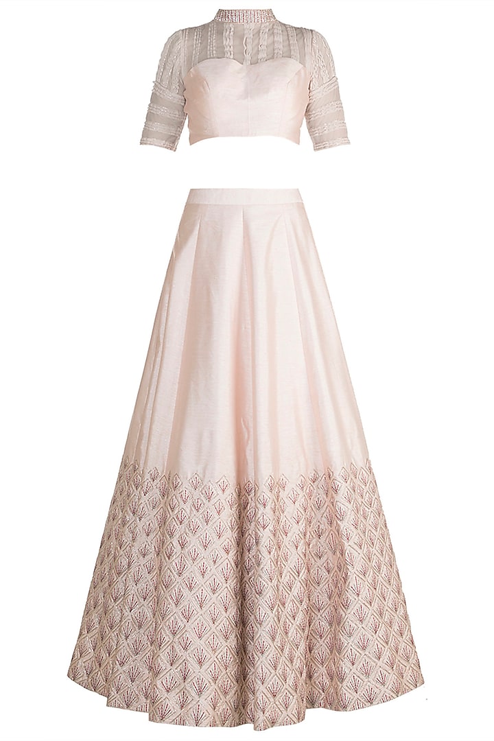 Peach & Pink Embroidered Crop Top With Skirt by MASUMI MEWAWALLA