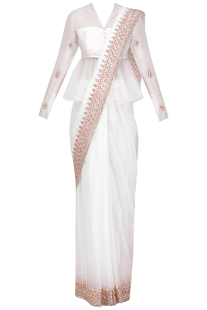 White Rose Gold Embroidered Saree with Peplum Blouse by MASUMI MEWAWALLA