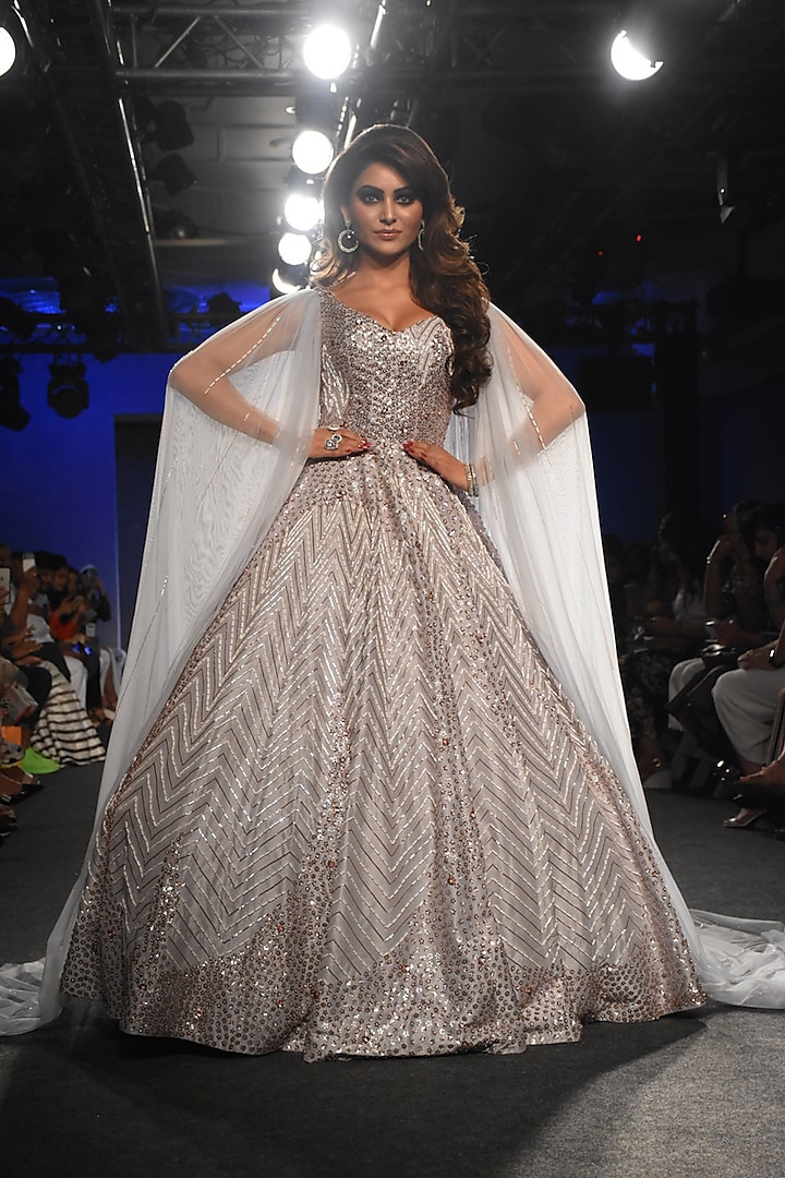 Grey Embroidered Gown With Cape by MASUMI MEWAWALLA