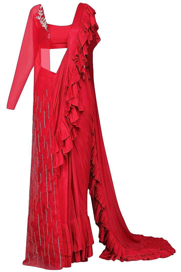 Red Embroidered Pleated Saree with Cape by MASUMI MEWAWALLA