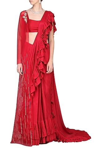 Red Silk Hand Embroidered Pleated Jacket Saree Set by MASUMI MEWAWALLA
