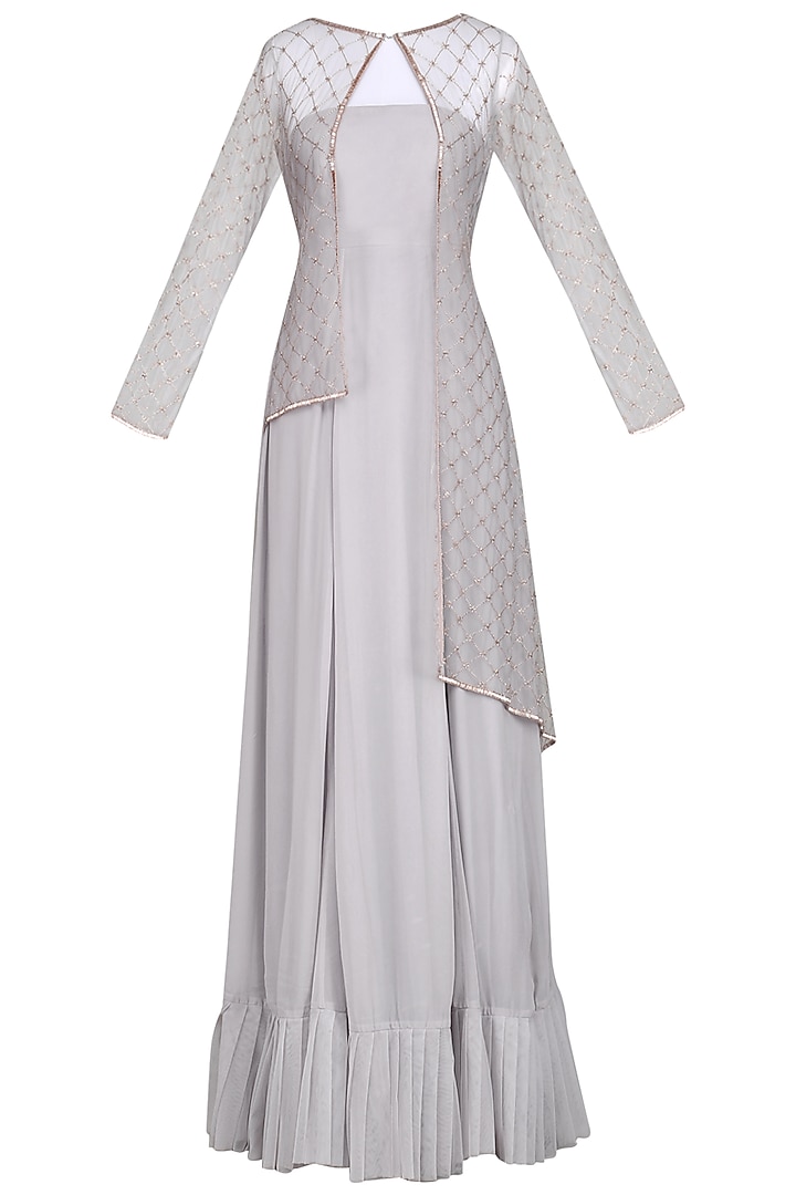 Grey Embroidered Anarkali Gown with Cape by MASUMI MEWAWALLA