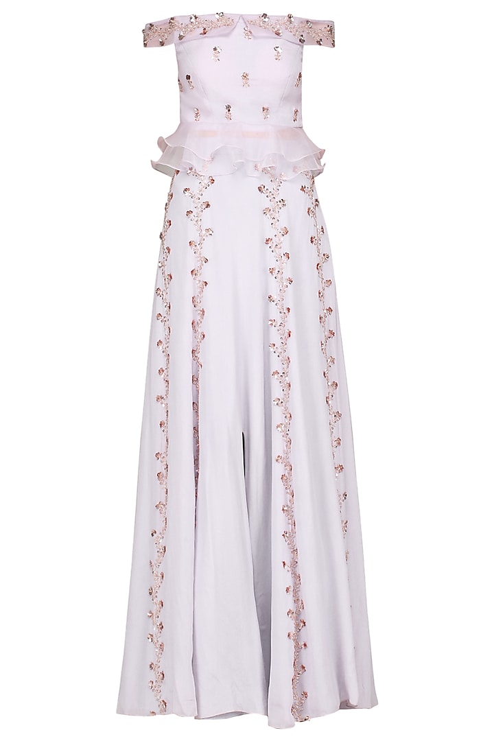 Lilac Embroidered Slit Skirt with Crop Top by MASUMI MEWAWALLA