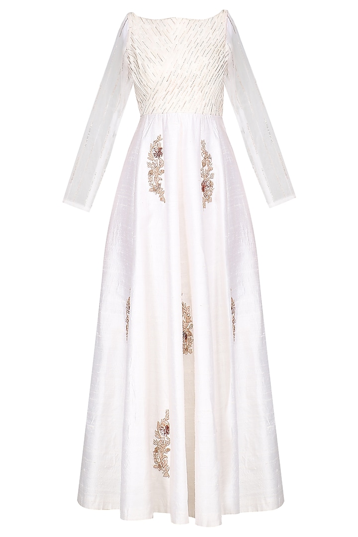 White Embroidered Anarkali Gown by MASUMI MEWAWALLA