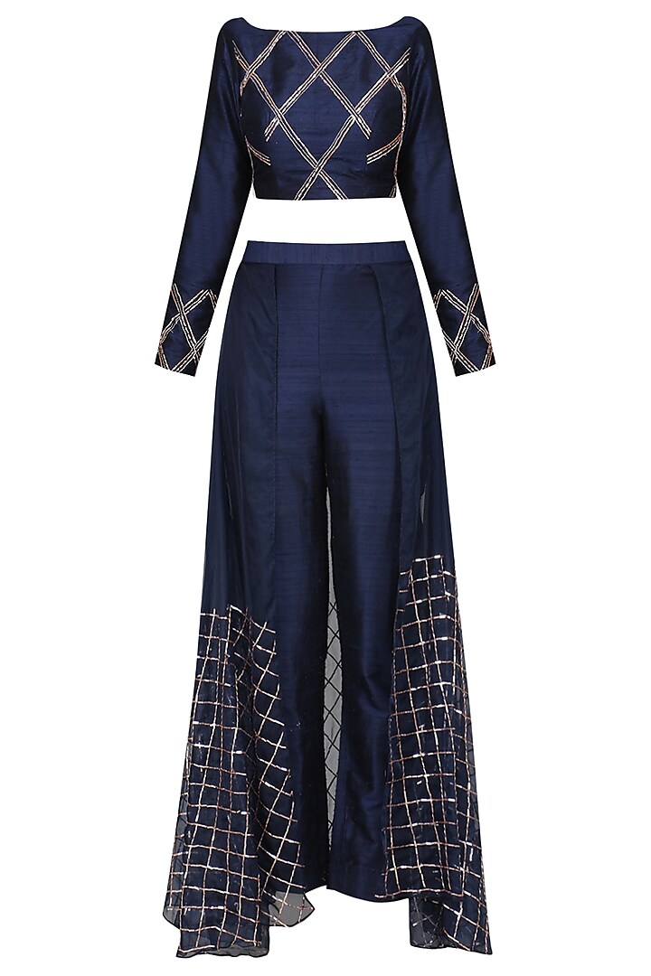 Navy Blue Embroidered Pants with Crop Top by MASUMI MEWAWALLA