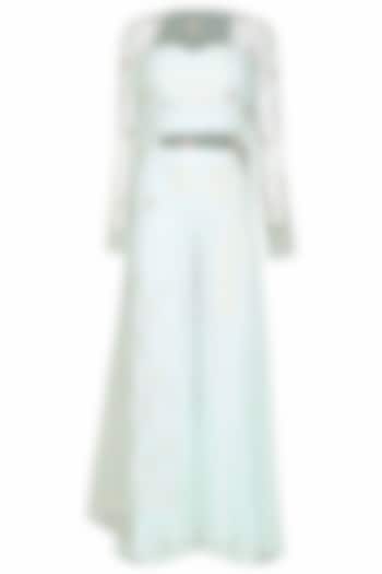 Light Blue Embroidered Cape with Bustier and Palazzo Pants by MASUMI MEWAWALLA