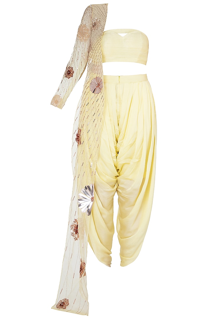 Yellow Bustier and Dhoti Pants with Embroidered One Sided Jacket by MASUMI MEWAWALLA