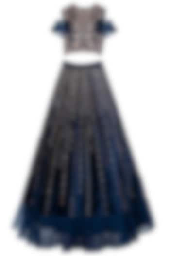 Navy Blue Embroidered Ruffle Crop Top with Lehenga Skirt by MASUMI MEWAWALLA