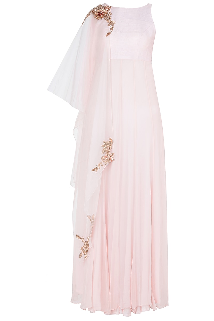 Pink Embroidered Anarkali Gown with Overlay by MASUMI MEWAWALLA