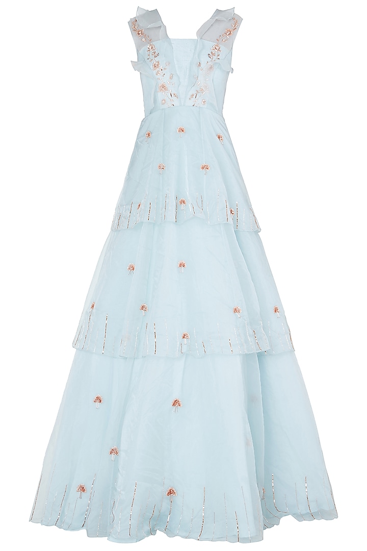 Powder Blue Layered Embroidered Gown by MASUMI MEWAWALLA