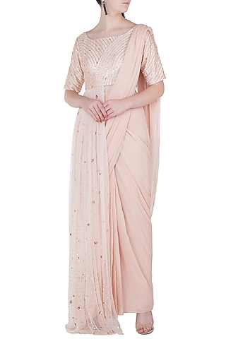 Dark Cream Silk Crepe Pre-Stitched Saree Set by MASUMI MEWAWALLA