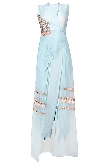 Powder blue dhoti saree with embroidered jacket overlay available only ...