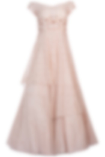 Peach embroidered layered gown by MASUMI MEWAWALLA