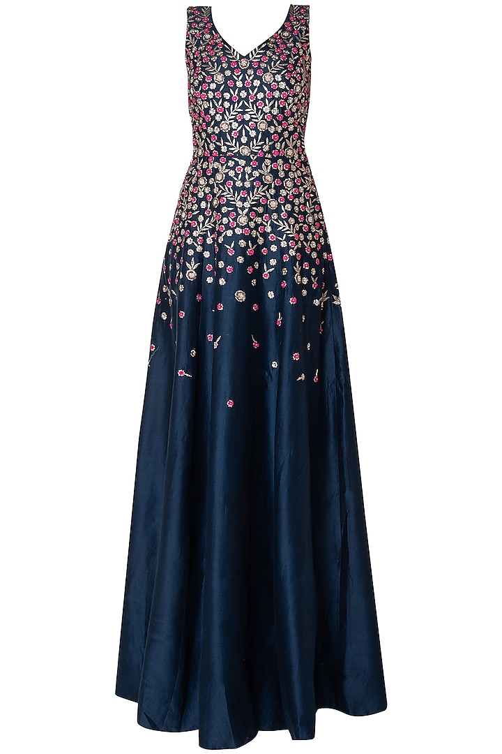 Midnight blue embroidered gown by MASUMI MEWAWALLA
