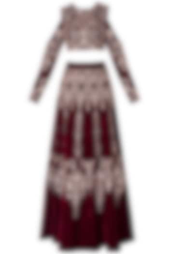 Maroon embroidered lehenga skirt and crop top by MASUMI MEWAWALLA