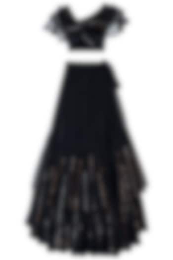 Black velvet embroidered lehenga skirt and blouse by MASUMI MEWAWALLA