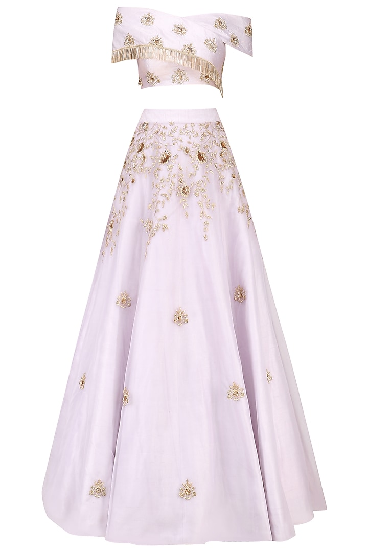 Lilac Cross Shoulder Embroidered Crop Top and Embellished Skirt by MASUMI MEWAWALLA