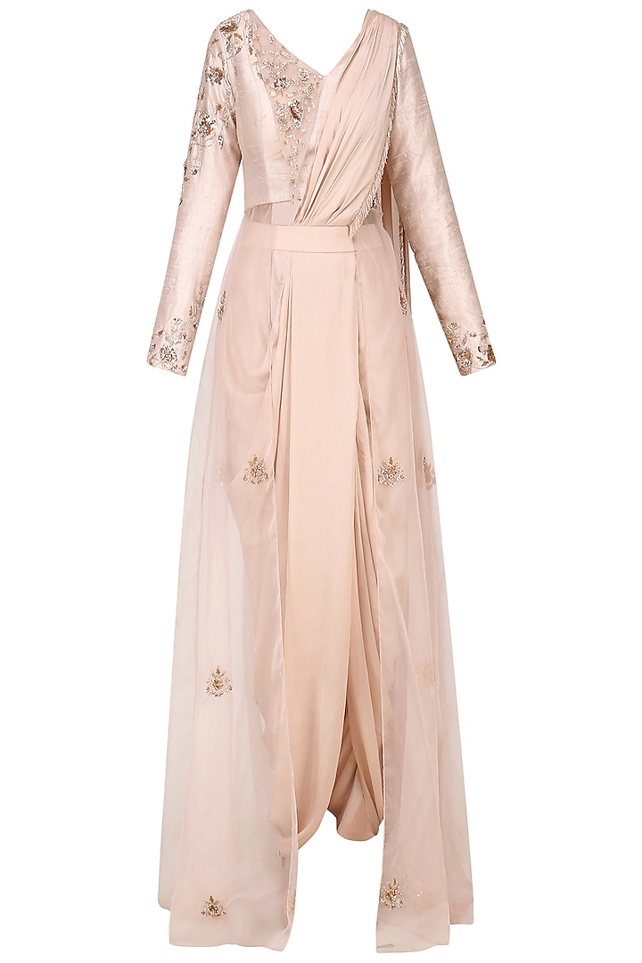 Blush Pink Embroidered Pre Draped Dhoti Saree by Pink Peacock Couture
