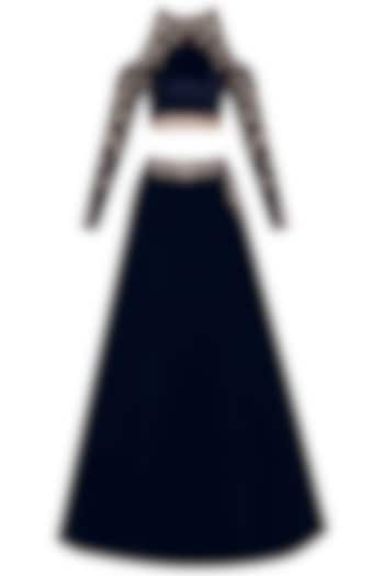 Blue Velvet Cold Shoulder Crop Top and Skirt by MASUMI MEWAWALLA
